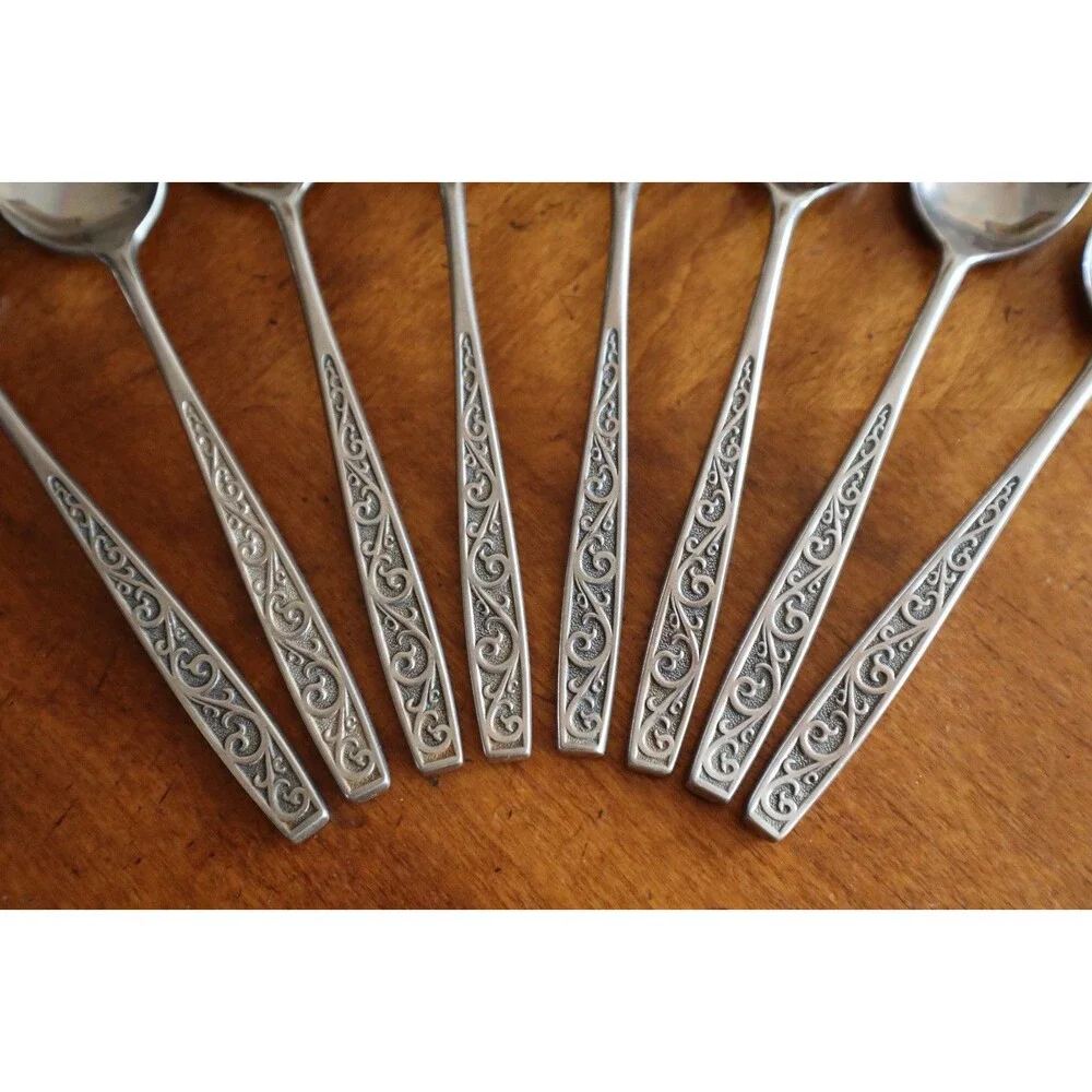 Lot 8x Imperial International IIC DAVOS Stainless Black Floral Teaspoon 6.4
